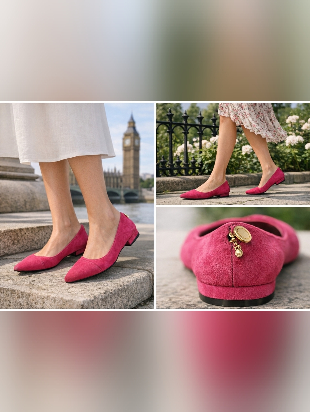 L.K. Bennett Trilly Block Heel Court Flats Pink Suede Gold Chain EU 38 US 7.5